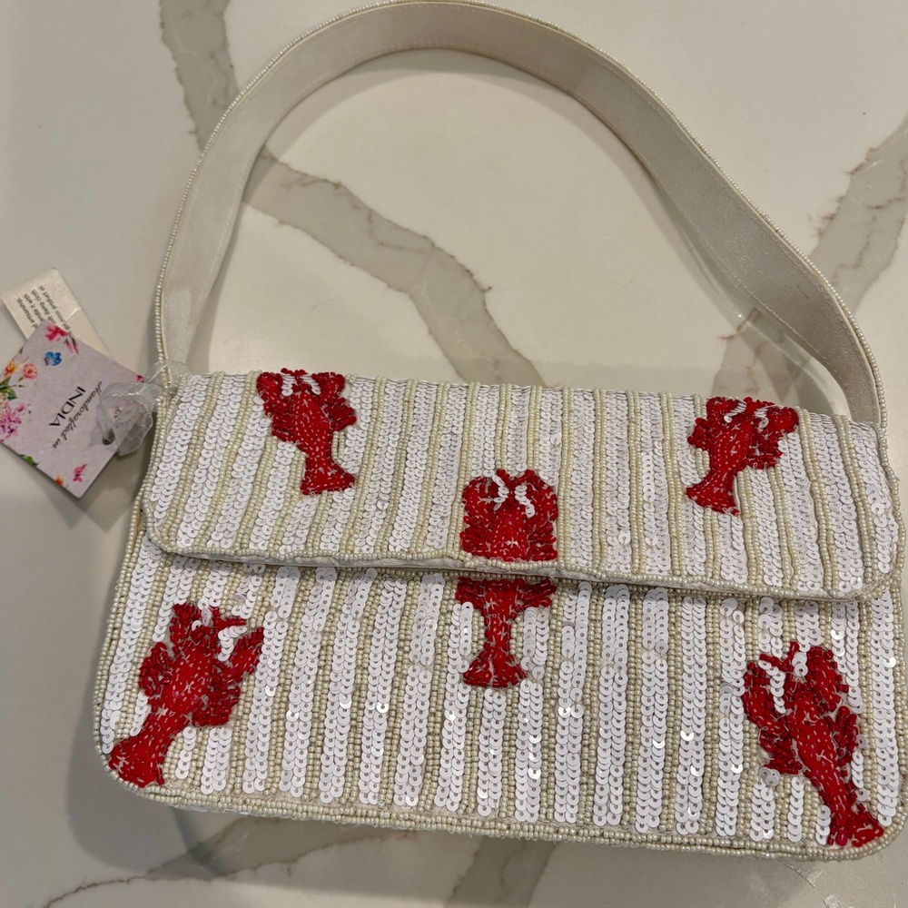 🦞 NWT Made in India White and Red Lobster Sequin Shoulder Bag